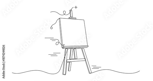 Minimalist line art of a blank canvas on an easel in black and white. No editable strokes