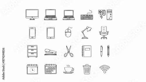 Collection of hand-drawn office and technology icons.