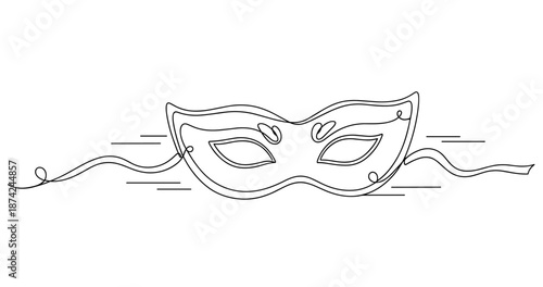 Line art illustration of a decorative carnival mask with ribbon details. No editable strokes
