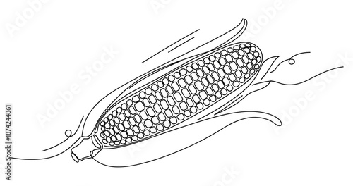 Line art of corn on the cob with husk highlighting detailed kernels. No editable strokes