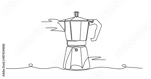 Line art of moka pot coffee maker with flowing lines in minimalist style. No editable strokes