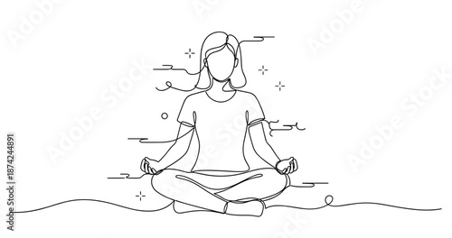 Line art of female meditating in lotus pose with tranquil swirls. No editable strokes