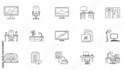 Collection of hand-drawn office equipment and furniture icons.
