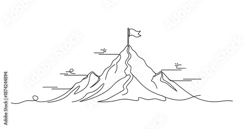 Mountain peak with flag - minimalist line art depicting achievement and adventure. No editable strokes