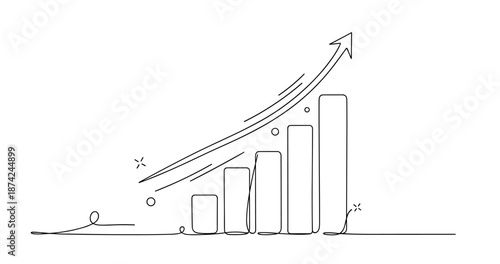 Continuous line drawing of growing bar chart with upward arrow. No editable strokes