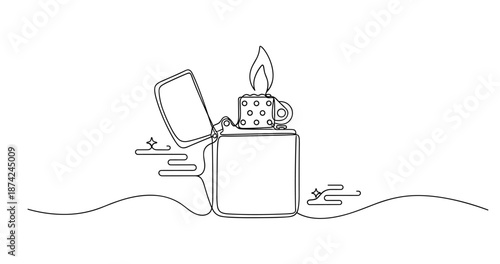 Minimalist line art of open lighter with flame. No editable strokes