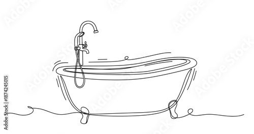 Continuous line drawing of clawfoot bathtub with faucet in minimalist style. No editable strokes