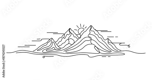Minimalist line art of mountain range with sun and clouds. No editable strokes