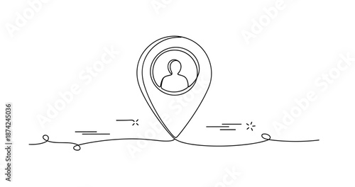 Abstract line art of person inside location pin symbolizing directions and navigation. No editable strokes