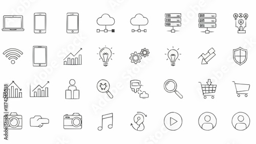 Collection of hand-drawn technology and business icons.