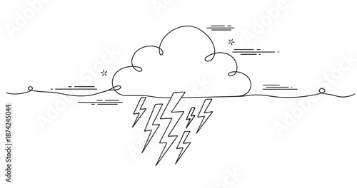 Minimalist thunderstorm line art with cloud and lightning. No editable strokes