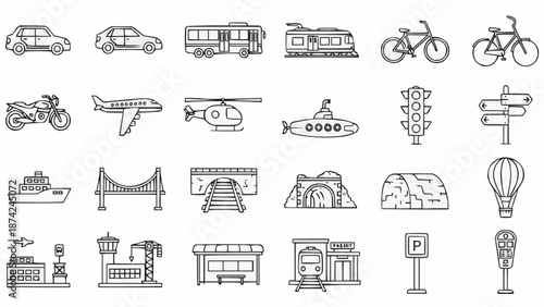 Collection of hand-drawn transportation and travel icons.