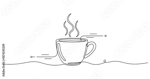 Minimalist line art of a steaming coffee cup on a simple background. No editable strokes
