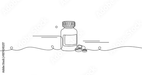 Minimalist line art of medicine bottle with pills on white background. No editable strokes