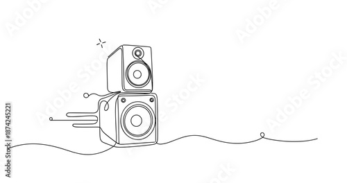 Minimalist line art of stacked speakers with music notes and sparkle. No editable strokes