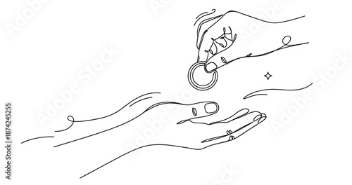Minimalist line art of one hand giving a ring to another hand. No editable strokes