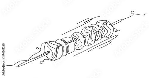 Line art illustration of skewered vegetables and meat on a grill. No editable strokes