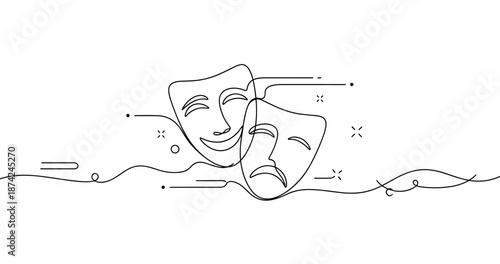 Line art of comedy and tragedy theater masks in minimalist style. No editable strokes