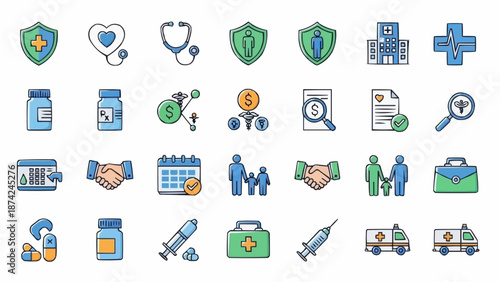 Collection of healthcare and medical insurance icons.