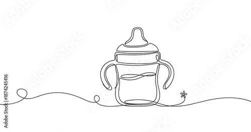 Continuous line drawing of sippy cup with handles and flower. No editable strokes