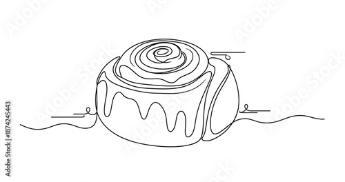 Black and white illustration of a cinnamon roll with icing in minimalist style. No editable strokes