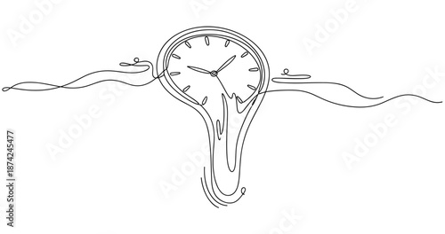 Surreal melting clock in continuous line art style. No editable strokes