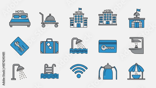 Collection of hotel and travel related icons for hospitality services.