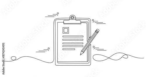 Outline of clipboard with pencil highlighting writing task concept. No editable strokes