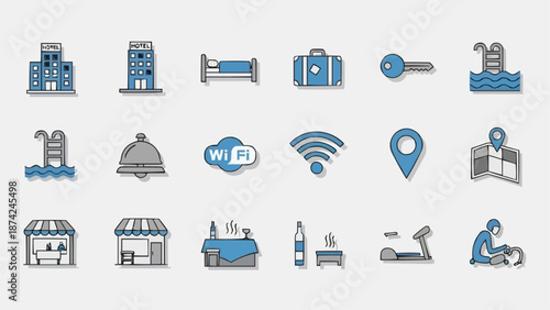 Collection of hotel and travel related icons for vacation planning.