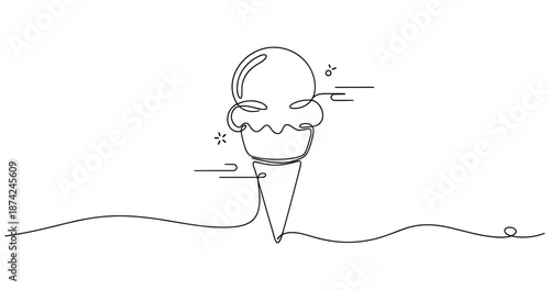 Minimalist continuous line drawing of ice cream cone with creative design elements. No editable strokes