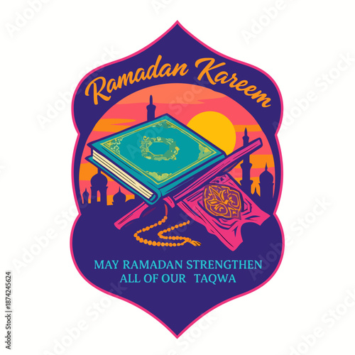 Ramadan Kareem logo with Quran and rosary on a city skyline background