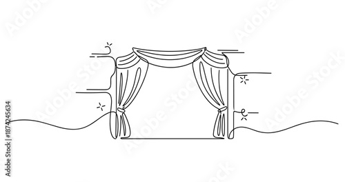 Elegant theater stage with open curtains in line art style. No editable strokes