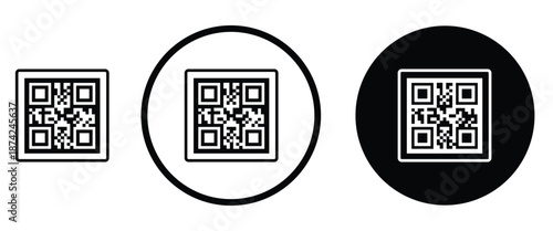 Three minimalist black and white QR code icons arranged horizontally on a transparent background. Left: standard square QR pattern. Center: QR inside thin white circle on black. Right: QR inside thick