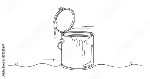Open paint can with dripping paint line art on white background. No editable strokes