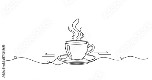 Minimalist line art of a steaming coffee cup with abstract elements. No editable strokes