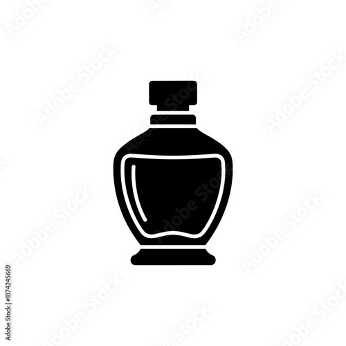 Solid black silhouette of a perfume bottle and sparkle symbol, simple icon
