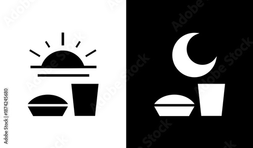 Ramadhan icon set featuring Islamic symbols such as fasting, crescent moon, and mosque. Suitable for religious design, apps, websites, posters, and digital content during the holy moon