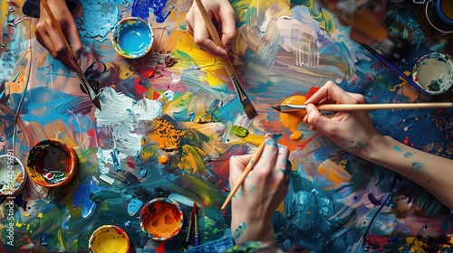 Eating Disorders Awareness Week: Overhead view of art therapy session, colorful paint palettes and canvas, hands creating expressive artwork, healing through creativity concept