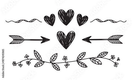 Hand drawn doodle hearts with arrows and floral vine divider for romantic scrapbooking and creative card designs