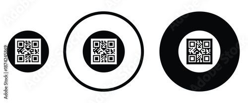 Three minimalist black and white QR code icons arranged horizontally on a transparent background. Left: standard square QR pattern. Center: QR inside thin white circle on black. Right: QR inside thick
