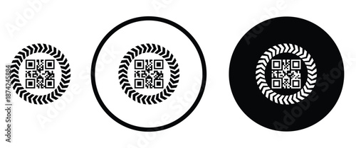 Three minimalist black and white QR code icons arranged horizontally on a transparent background. Left: standard square QR pattern. Center: QR inside thin white circle on black. Right: QR inside thick