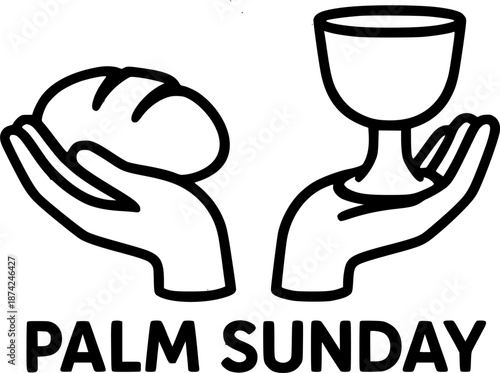 palm sunday hands bread and cup green background sign, symbol, vector, art