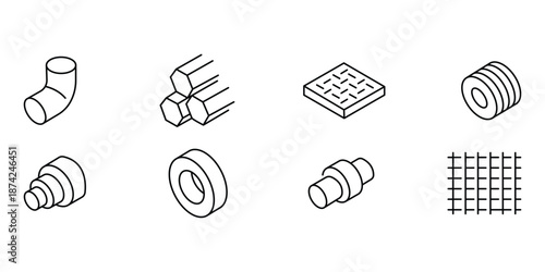 Industrial metal engineering icons set, vector illustration of construction hardware parts, pipes, fasteners, fittings isolated outline collection technical design elements.