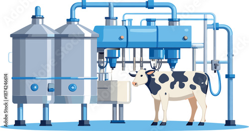 Automated Dairy Milking Machine System with Cow and Industrial Milk Processing Equipment Illustration