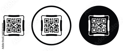 Three minimalist black and white QR code icons arranged horizontally on a transparent background. Left: standard square QR pattern. Center: QR inside thin white circle on black. Right: QR inside thick