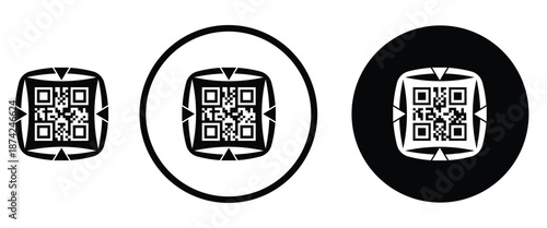 Three minimalist black and white QR code icons arranged horizontally on a transparent background. Left: standard square QR pattern. Center: QR inside thin white circle on black. Right: QR inside thick
