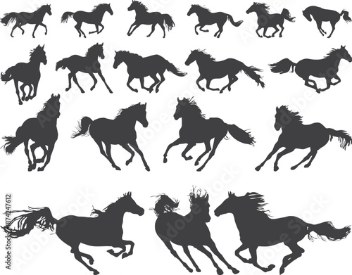 Running horse silhouettes in various poses black white