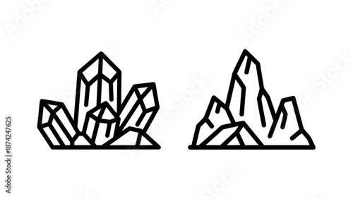 Outline icons of ice crystal formations and snowy mountain peaks for arctic landscape concepts
