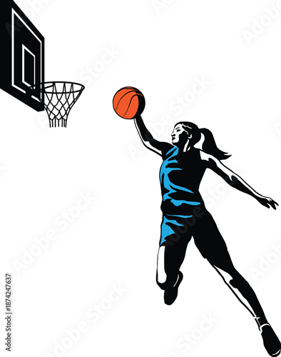 Female Basketball Player Slam Dunk Silhouette Blue Jersey