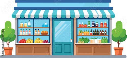 Front View of Local Grocery Store with Fresh Produce Dairy Drinks and Market Display Shelves Illustration